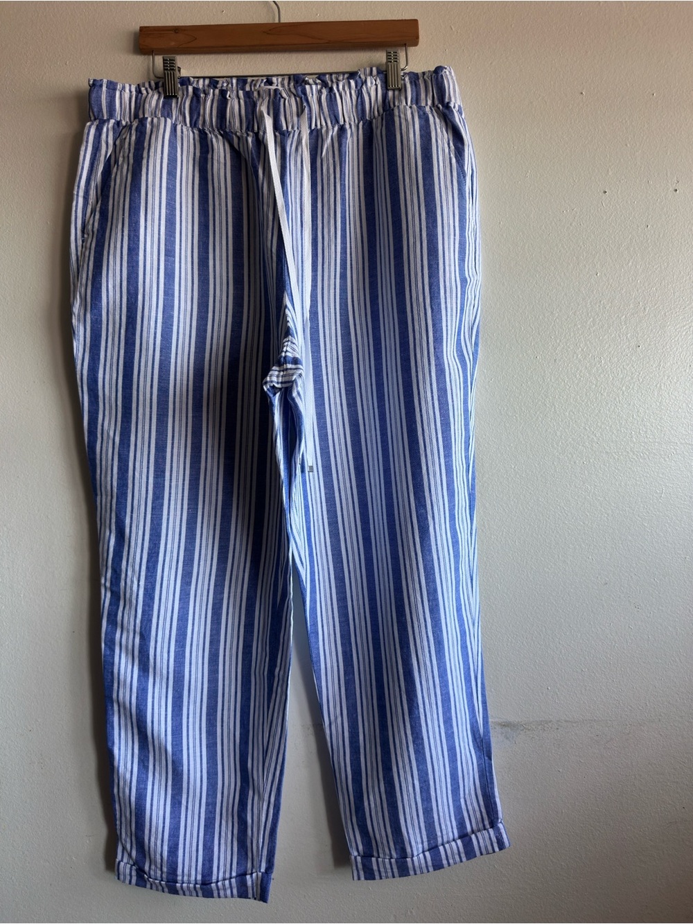 LOFT Emory Taper linen blend Blue & White Striped Trousers Pants size XL